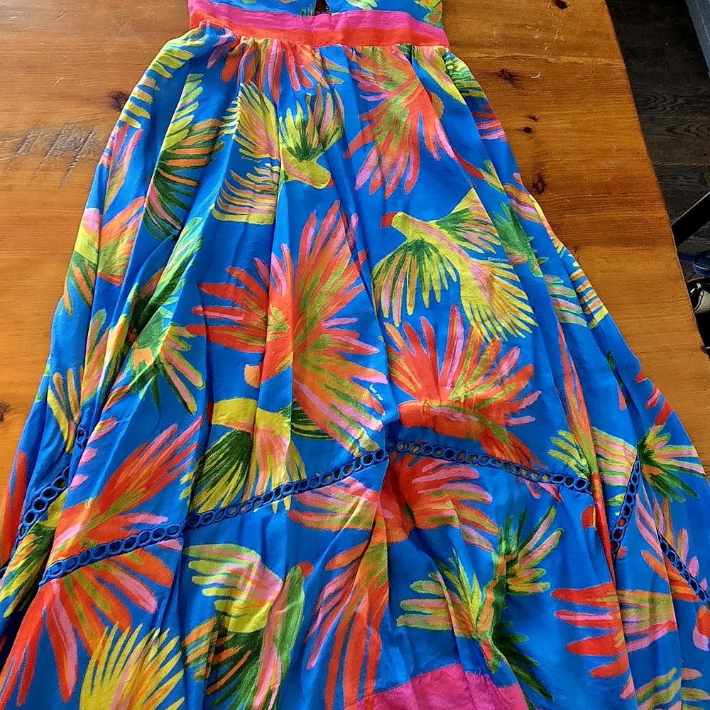 FARM Rio Blue Maxi Dress with Tropical Multicolor Design